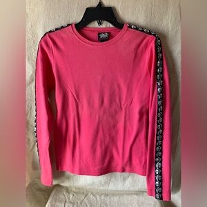 Biker Design Pink Long Sleeve Shirt Barb Wire Skull Trim XLarge